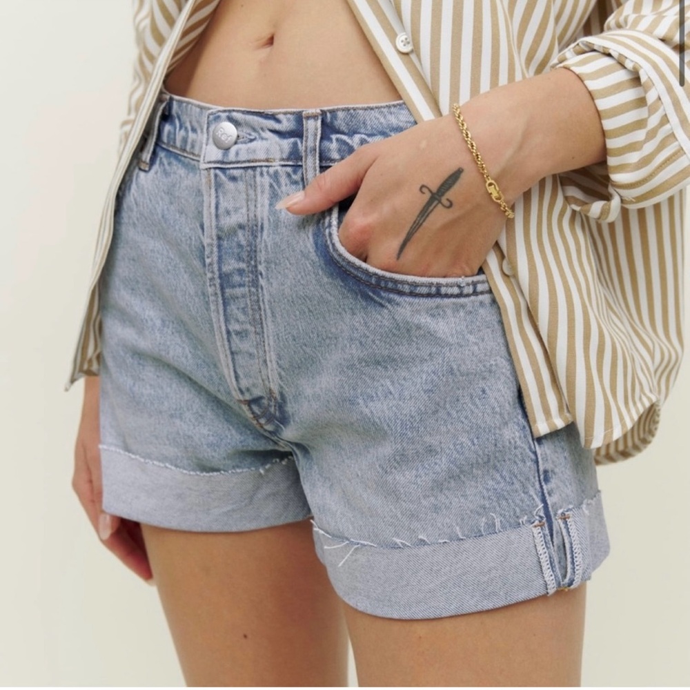 Reformation Charlene High Rise Cuffed Denim Blue Women's Shorts